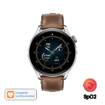 Ceas inteligent Smartwatch Huawei Watch 3, Display AMOLED HD 1.43inch, 2GB RAM, 16GB Flash, Bluetooth, NFC, GPS, Wi-Fi, 4G, Carcasa Otel, Rezistent la apa 5 ATM, Andorid/iOS (Maro)