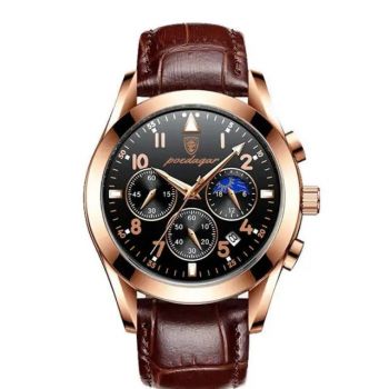 Ceas barbatesc Poedagar CS1337, curea piele naturala, maro/rose gold, cadran negru