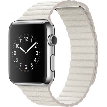 Apple Watch 42mm Stainless Steel Case, White Leather Loop - Large