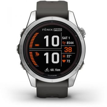 Ceas activity tracker Garmin Fenix 7S Pro Solar, Ecran MIP 1.2inch, Bluetooth, 42mm, Power Glass, curea Neagra, (Argintiu)