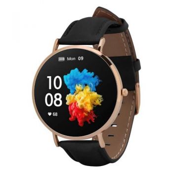 Ceas inteligent Smartwatch GARETT Verona, Ecran AMOLED 1.3inch, Piele, Notificari, 22 Moduri Sportive, Waterproof IP67 (Auriu/Negru)