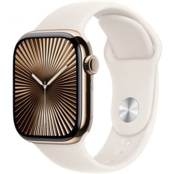 Apple Watch Seria 10, GPS + Cellular, 42 mm, Gold Titanium Case, Starlight Sport Band, S/M