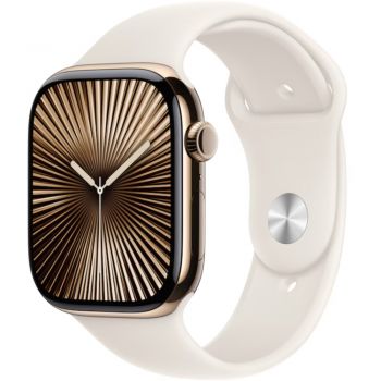 Apple Watch Seria 10, GPS + Cellular, 46 mm, Gold Titanium Case, Starlight Sport Band, S/M