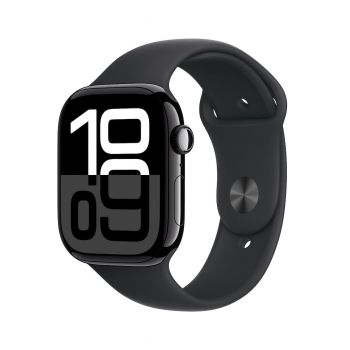 Apple Watch Series 10 GPS, 42mm Jet Black Aluminium Case, Black Sport Band - M/L