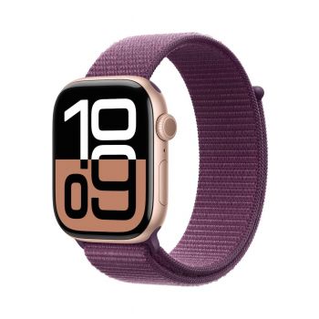 Apple Watch Series 10 GPS, 42mm Rose Gold Aluminium Case, Plum Sport Loop