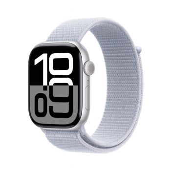 Apple Watch Series 10 GPS, 46mm Silver Aluminium Case, Blue Cloud Sport Loop