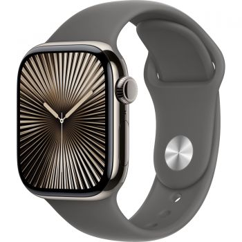 Apple Watch Series 10, GPS + Cellular, 42mm, Natural Titanium Case, Sport Band, Stone Gray, M/L