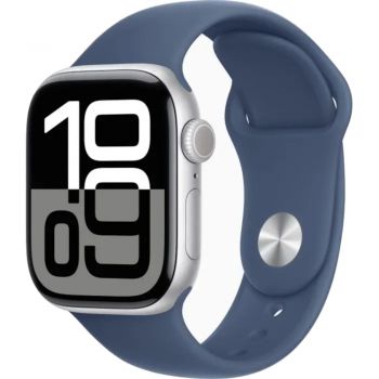 Apple Watch Series 10, GPS + Cellular, 42mm, Silver Aluminium Case, Denim Sport Band - Marime M/L