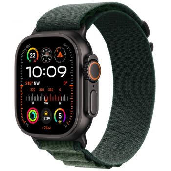 Apple Watch Ultra 2, GPS, Cellular, 49 mm, Carcasa Black Titanium, Dark Green Alpine Loop, Small