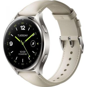 Ceas inteligent Smartwatch Xiaomi Watch 2, Ecran AMOLED 1.43inch, 2GB RAM, 32GB Flash, Bluetooth, Wi-Fi, GPS, Waterproof 5 ATM, Google Wear OS, Curea din piele (Gri/Alb)