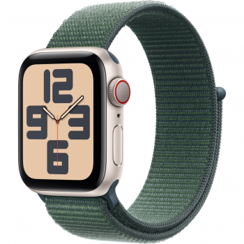 Apple Smartwatch Apple Watch SE (2024), GPS, Cellular, Carcasa Starlight Aluminium 40mm, ecran LTPO OLED, 32GB, curea Lake Green Sport Loop, Auriu/Verde