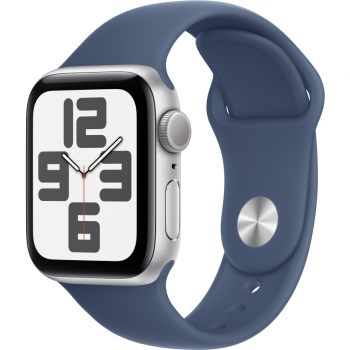 Apple Smartwatch Apple Watch SE (2024), GPS, Carcasa Silver Aluminium 40mm, ecran LTPO OLED, 32GB, curea silicon Denim Sport Band - M/L, Argintiu/Albastru