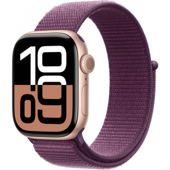 Apple Smartwatch Apple Watch 10 GPS, Carcasa Rose Gold Aluminium 42mm, ecran LTPO OLED, 64GB, curea Plum Sport Loop, Roz/Visiniu