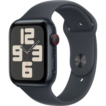 Apple Smartwatch Apple Watch SE (2024), GPS, Cellular, Carcasa Midnight Aluminium 44mm, ecran LTPO OLED, 32GB, curea silicon Midnight Sport Band M/L, Negru/Albastru