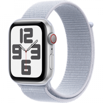 Apple Smartwatch Apple Watch SE (2024), GPS, Cellular, Carcasa Silver Aluminium 44mm, ecran LTPO OLED, 32GB, curea Blue Cloud Sport Loop, Argintiu/Albastru