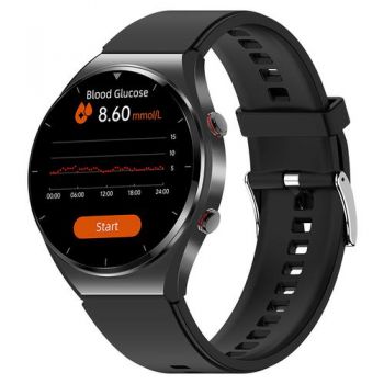 Ceas inteligent Smartwatch iSEN Watch E09 Pro, Ecran 1.32inch, bratara neagra din TPU, Bluetooth Call, Monitorizare glicemie, tensiune, temperatura, somn, EKG, HR, Oximetru (Negru)