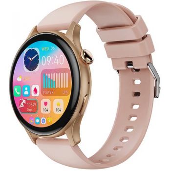 Ceas inteligent Smartwatch XO Design J6, Bluetooth, Ecran IPS 1.43inch, Monitorizare stres, Ritm cardiac, Inregistrare activitati, IP68 (Roz/Auriu)