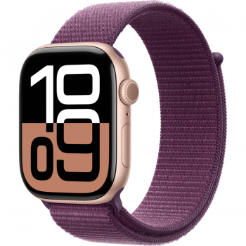 Apple Smartwatch Apple Watch 10 GPS, Carcasa Rose Gold Aluminium 46mm, ecran LTPO OLED, 64GB, curea Plum Sport Loop, Roz/Visiniu