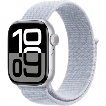 Apple Smartwatch Apple Watch 10 GPS, Carcasa Silver Aluminium 42mm, ecran LTPO OLED, 64GB, curea Blue Cloud Sport Loop, Argintiu/Albastru